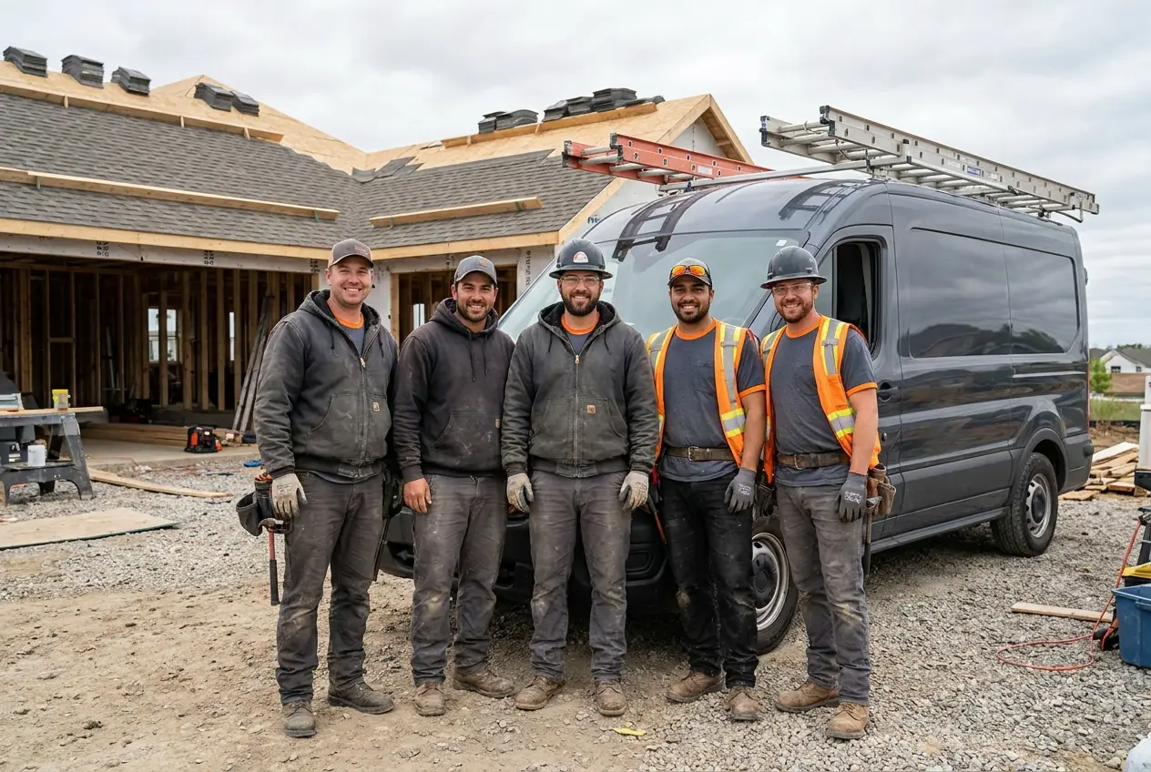 Das Team der Dachbau Krämer GmbH vor dem Firmenfahrzeug